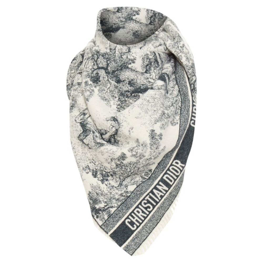 Dior Toile De Jouy wool large fringed blanket shawl